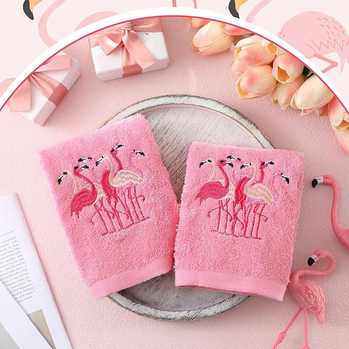 2 Pcs Flamingo Hand Towels Hot Pink Bathroom Decor 14x29 Inch Embroidered 100% - Image 2