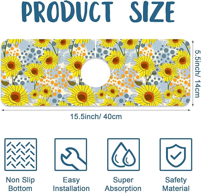 Watercolor Sunflowers Sink Faucet Absorbing Mat Sunflowers Polka Dots Super - Image 2