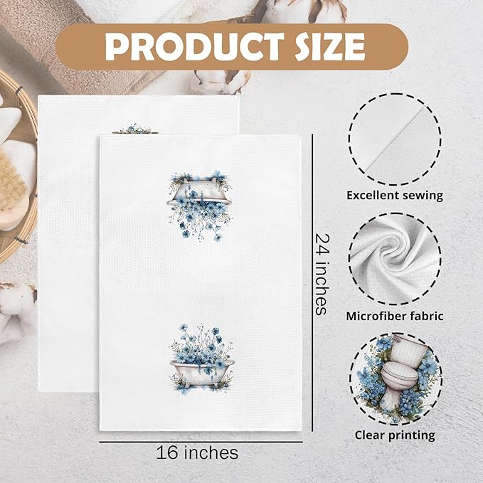Blue Floral Hand Towels for Bathroom Set of 2, Flower Botanical Dish Tea - Image 7