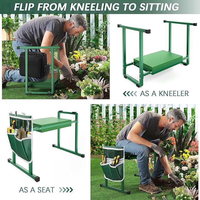 FLINTER Garden Kneelers Seat, Stable and Save Tip-Resistant Design 10.2" Wider Garden Kneeler and Seat with Handle, Heavy Duty Gardening Stool for Seniors, Gardening Weeding Bench for Parents - Green - Image 5