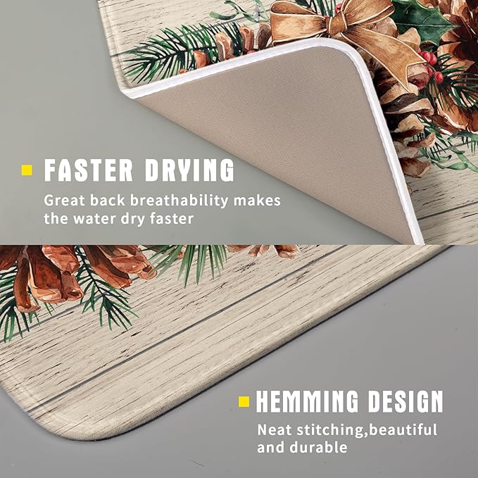 Winter Pine Cone Dish Drying Mat Holly Berries Dish Draining Mat Microfiber - Image 3