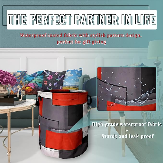 Red Grey Geometry Laundry Basket Foldable - Image 5