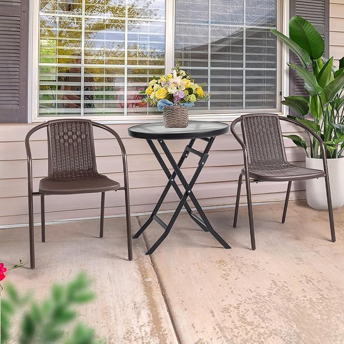 VINGLI PE Rattan Outdoor Dining Chairs Set of 4, Plastic Stackable Patio Chairs for Indoor, Porch, Restaurant, Garden, Brown - Image 7