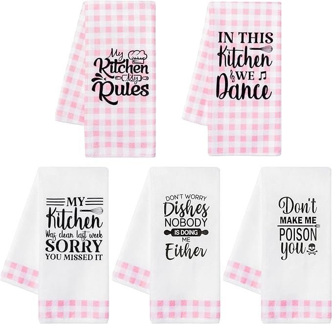 R HORSE Cute Pink Kitchen Towel Set 5Pcs Pink Check Kitchen Dishcloth Absorbent by RHORSE