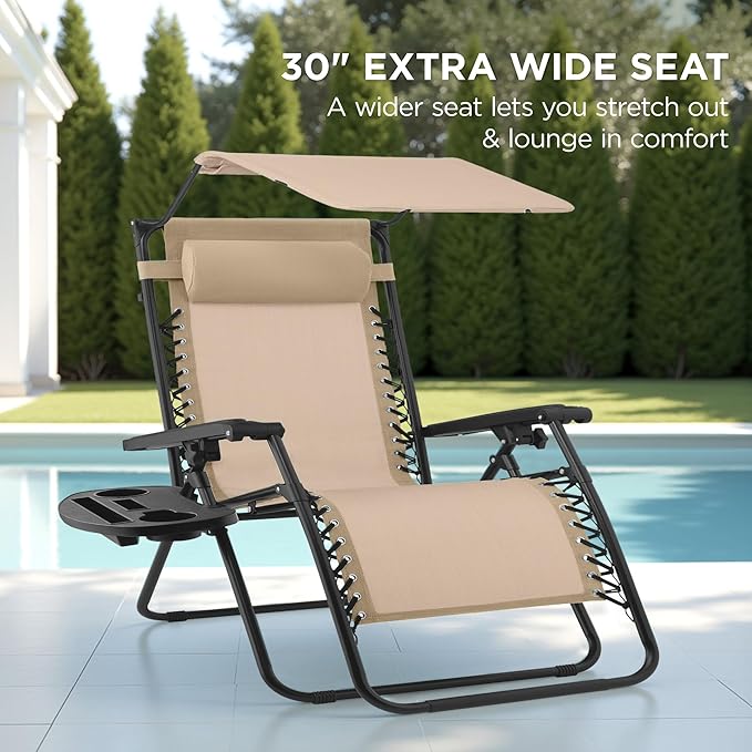 Best Choice Products 30” Wide Folding Zero Gravity Outdoor Recliner Patio Lounge Chair w/Adjustable Canopy Shade, Headrest, Side Accessory Tray - Beige - Image 3