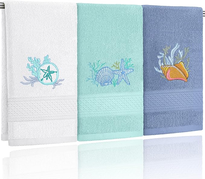 3 Pack Coastal Hand Towels for Bathroom 100% Cotton Embroidered Beach Bathroom by Hahafelt