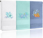 3 Pack Coastal Hand Towels for Bathroom 100% Cotton Embroidered Beach Bathroom by Hahafelt