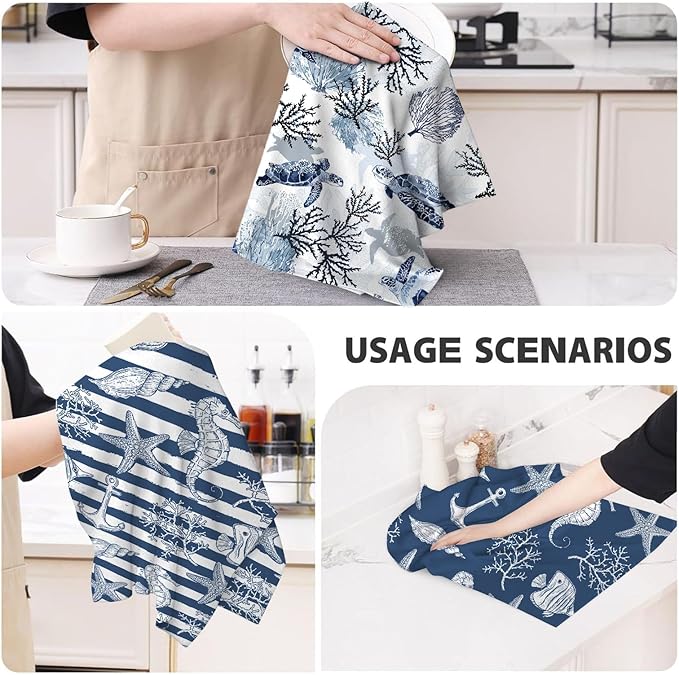 Blue Nautical Seahorse Corals Sea Turtle Kitchen Dish Towels Decorative Set of 4 - Image 7