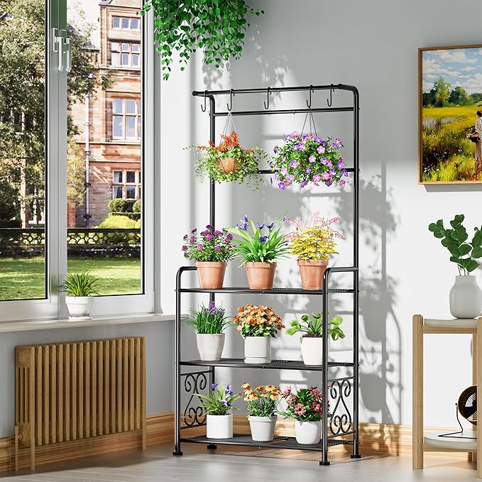 Plant Stand Indoor Outdoor Heavy Duty Metal - 56.4" Tall 3-Tier Shelf for Multiple Plants, Flowers, Rustproof Black Storage Rack for Patio, Balcony, Living Room, Garden, Includes Hooks&Adjustable Feet - Image 5