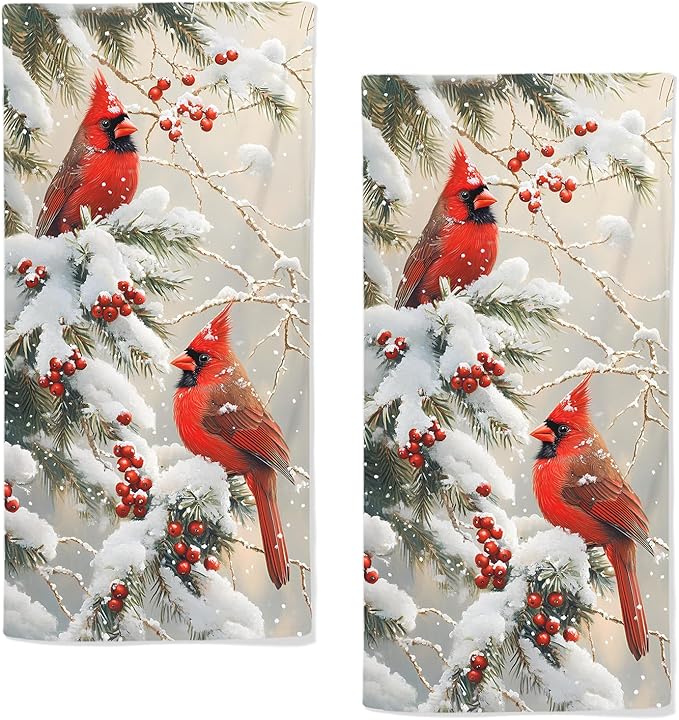 Red Birds Hand Towels Decorative Berry Branch Winter Kitchen Towels Soft by qiuhuang