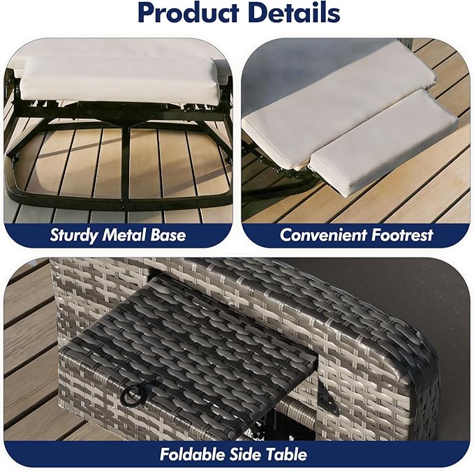 Outdoor Recliner Chair, Wicker Patio Recliners with Adjustable Backrest and Extended Foot Rest, Reclining Patio Chairs with Flip Table & Removable Cushion Cover for Porch - Image 7