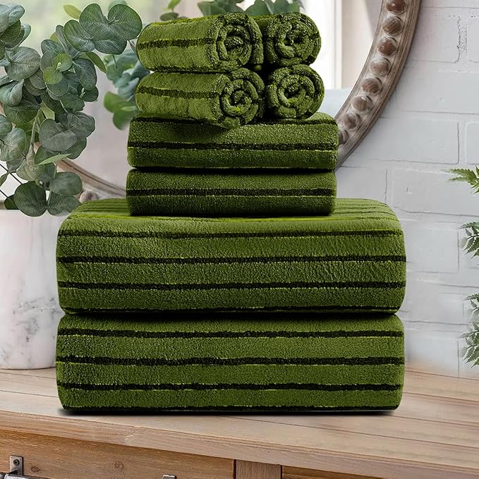 8 Pcs Army Green Cabana Stripe Large Bath Towel Set Oversized Bath Sheet-2 Bath by Oliven