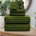 8 Pcs Army Green Cabana Stripe Large Bath Towel Set Oversized Bath Sheet-2 Bath by Oliven