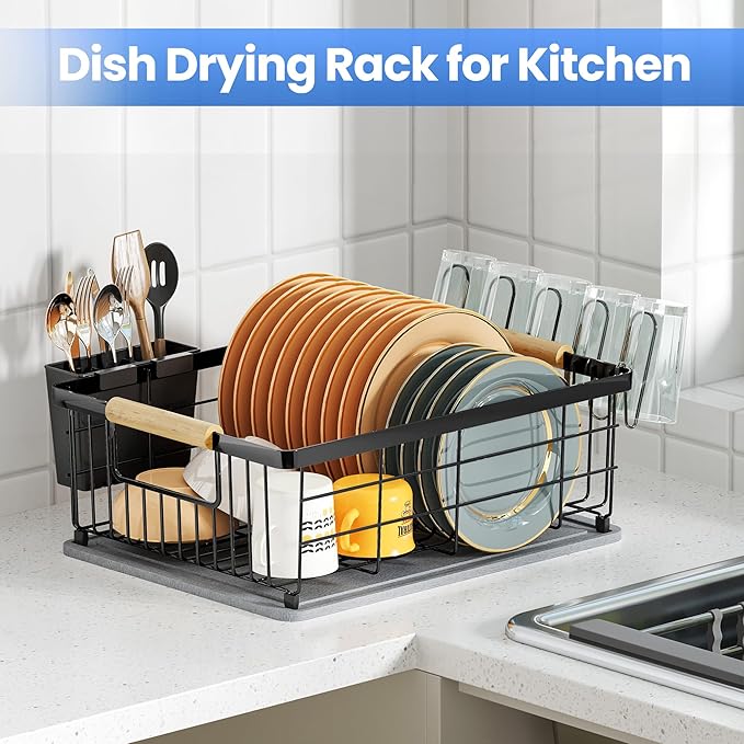 Dish Drying Rack Black with Diatomaceous Earth 1 Tier, Large Capacity Space - Image 5