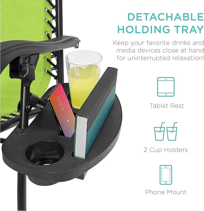 Best Choice Products Set of 2 Adjustable Steel Mesh Zero Gravity Lounge Chair Recliners w/Pillows and Cup Holder Trays - Lime Green - Image 6