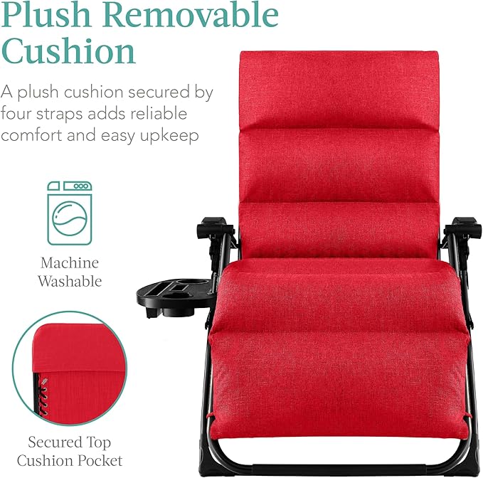 Best Choice Products Oversized Zero Gravity Chair, Folding Outdoor Patio Recliner, XL Anti Gravity Lounger w/Removable Cushion, Cup Holder, Side Tray, 350lb Capacity - Crimson Red - Image 3
