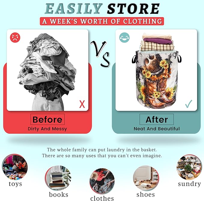 Retro Cows Laundry Basket Western Cowboy Foldable Funny Laundry Hamper Oxford - Image 3