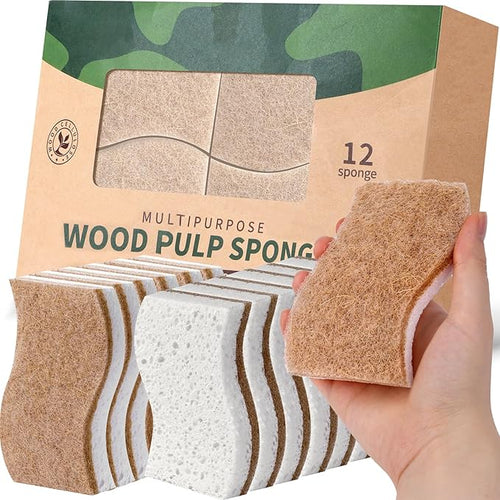 12Pack Natural Kitchen Sponge, Biodegradable Cellulose and Coconut Scrubber by JiedHiur