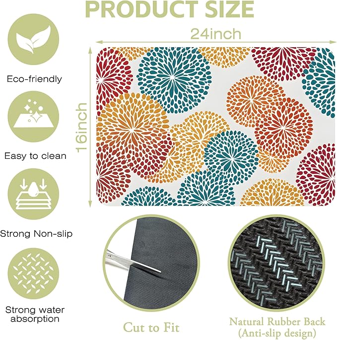 Abstract Floral Elements Dish Drying Mat Artifical Floral Kitchen Mat 16"x24" - Image 4
