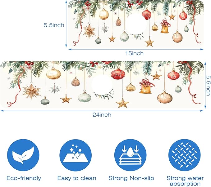 Christmas Star Balls Bells Kitchen Sink Splash Guard Mat Absorbent Fast Drying - Image 3