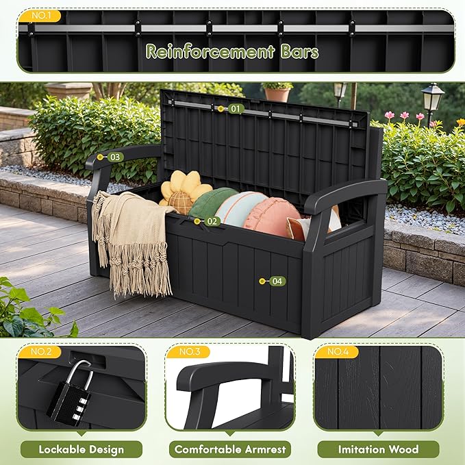 Greesum 80 Gallon Deck Box Storage Bench, Patio Furniture, Lockable, Waterproof and UV Resistant,with Armrest, Suitable for Garden, Porch, Poolside, Dark Black - Image 3