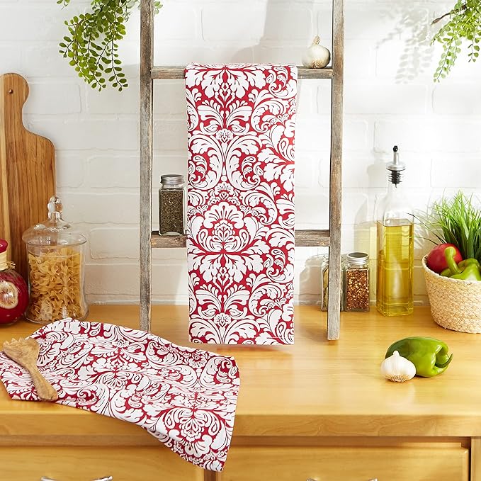 DII Cotton Dish Towel Set Damask Print, Tango Red - Image 6