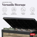 Keter Ashwood 100 Gallon Resin Deck Box Organization and Storage for Patio Furniture Outdoor Cushions, Throw Pillows, Garden Tools and Pool Toys, Brown - Image 5