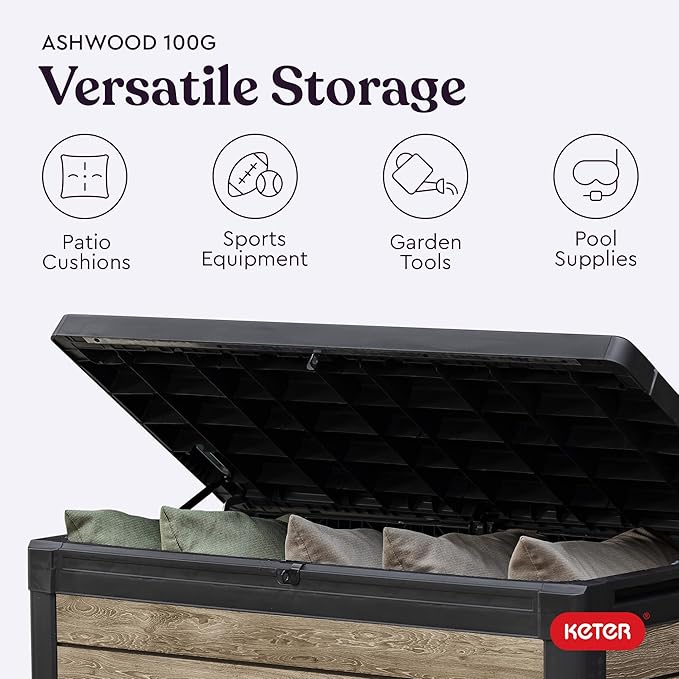 Keter Ashwood 100 Gallon Resin Deck Box Organization and Storage for Patio Furniture Outdoor Cushions, Throw Pillows, Garden Tools and Pool Toys, Brown - Image 8