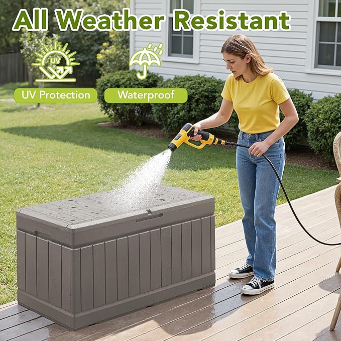 Devoko 78 Gallon Deck Box, Waterproof Resin Outdoor Storage Box for Outside and Patio, Outdoor Storage Bench Lockable for Patio Furniture, Garden Tools and Pool Supplies (Light Brown, 78 Gallon) - Image 4