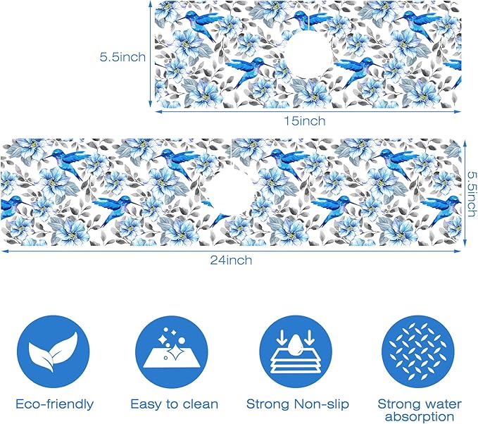 Blue Floral and Hummingbird Dish Drying Mat - Image 3