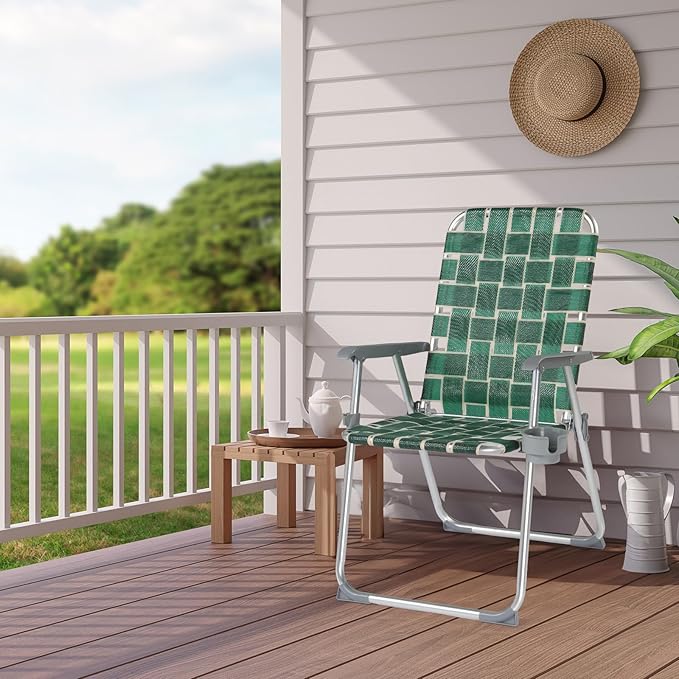 VINGLI Folding Aluminum Webbed Lawn Chairs with Detachable Cup Holder, High Beach Chair for Adults Heavy Duty, Portable Patio Chair, Camping Chair for Yard, Garden, 2 Pack - Image 2