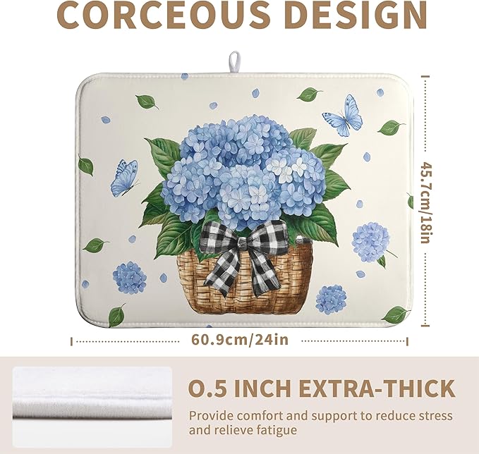 Spring Hydrangea Dish Drying Mats Spring Summer Floral Dish Mat Blue Flowers - Image 4