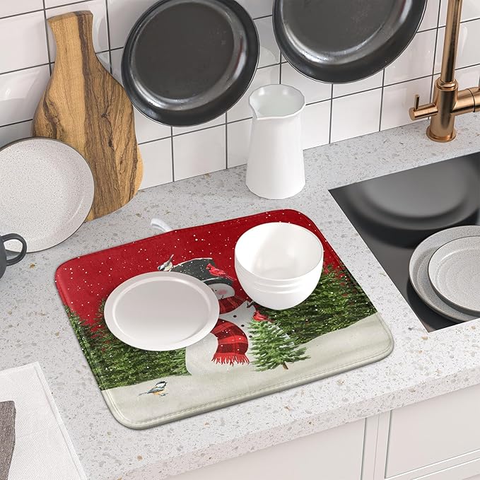 Christmas Dish Drying Mat for Kitchen Counter Red Xmas Snowman Trees Birds - Image 6