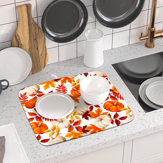 Fall Dish Drying Mat for Kitchen Counter Watercolor Pumpkins Autumn Leaves - Image 6