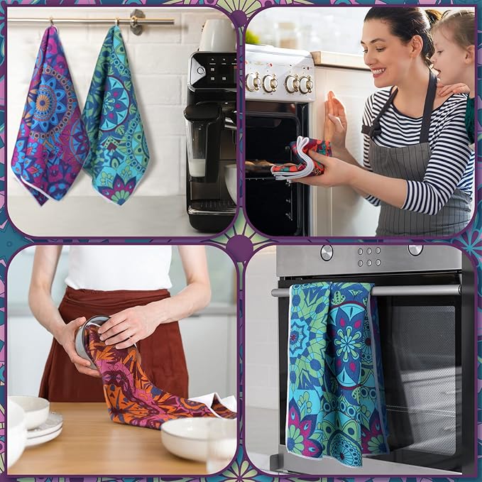 Boyiee Set of 6 Mandala Kitchen Towels Absorbent Boho Dish Towels 24 x 16 - Image 4