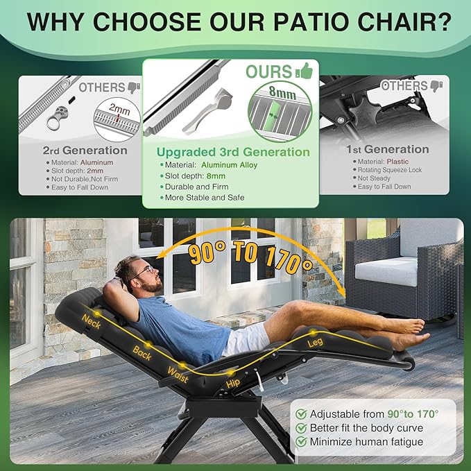 Suteck Oversized Zero Gravity Chair,29In XL Lounge Chair w/Removable Cushion&Headrest, Reclining Camping Chair w/Upgraded Lock and Footrest, Reclining Patio Chairs Recliner for Indoor Outdoor - Image 3