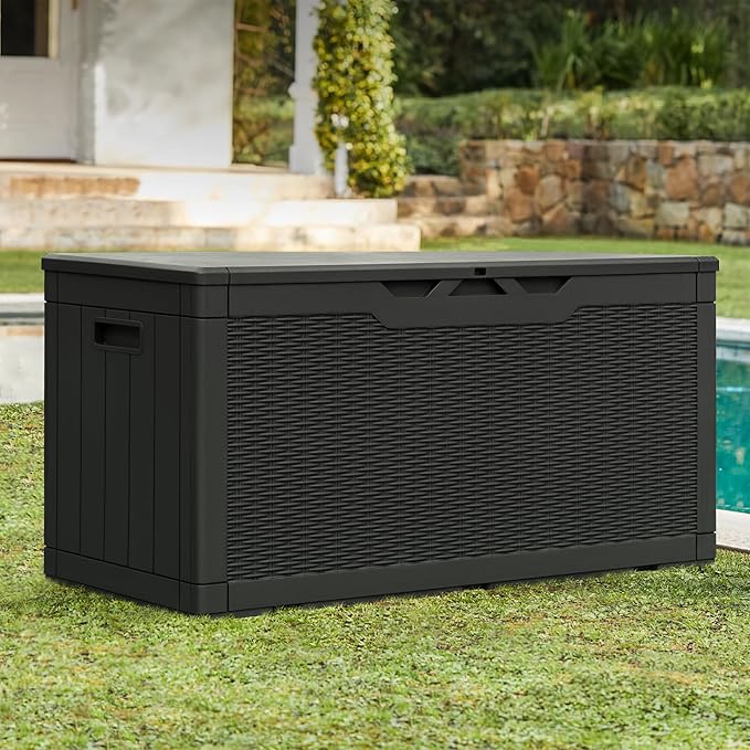 Greesum 100 Gallon Resin Patio Storage Box for Garden Tools, Outdoor Furniture Cushions, Pool Supplies, Black - Image 2