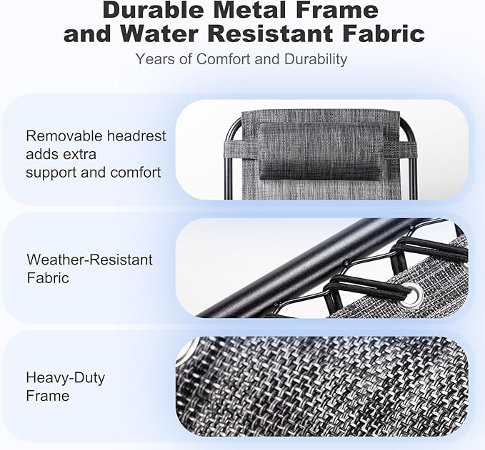 Nazhura Set of 2 Relaxing Recliners Patio Chairs Adjustable Steel Mesh Zero Gravity Lounge Chair Beach Chairs with Pillow and Cup Holder(Grey) - Image 6