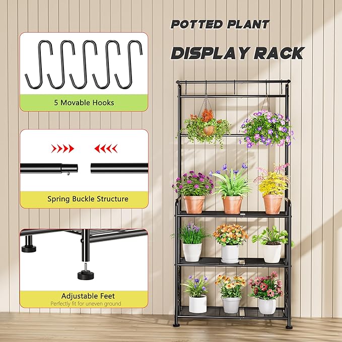 Plant Stand Indoor Outdoor Heavy Duty Metal - 56.4" Tall 3-Tier Shelf for Multiple Plants, Flowers, Rustproof Black Storage Rack for Patio, Balcony, Living Room, Garden, Includes Hooks&Adjustable Feet - Image 4