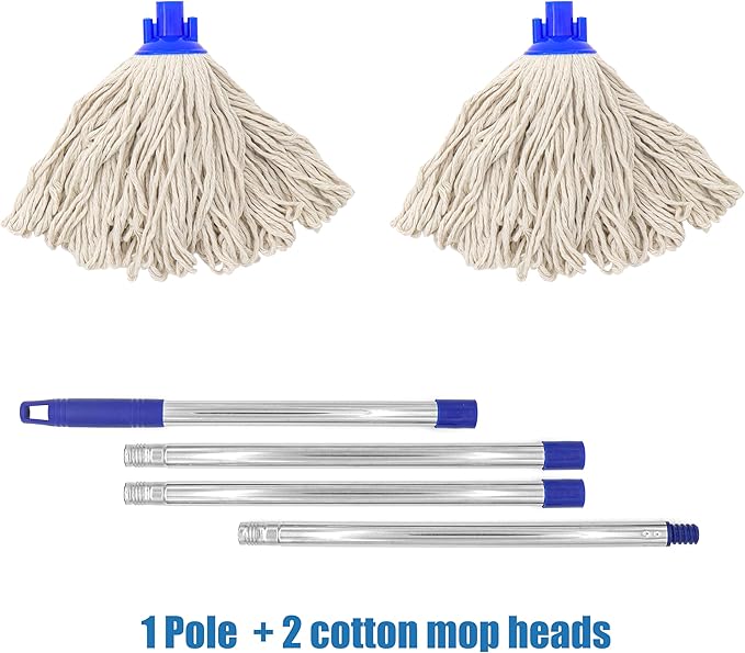 Cotton Cloth Mop, 4 Section Stainless Steel Pole + Two Cotton String Mop Heads - Image 2