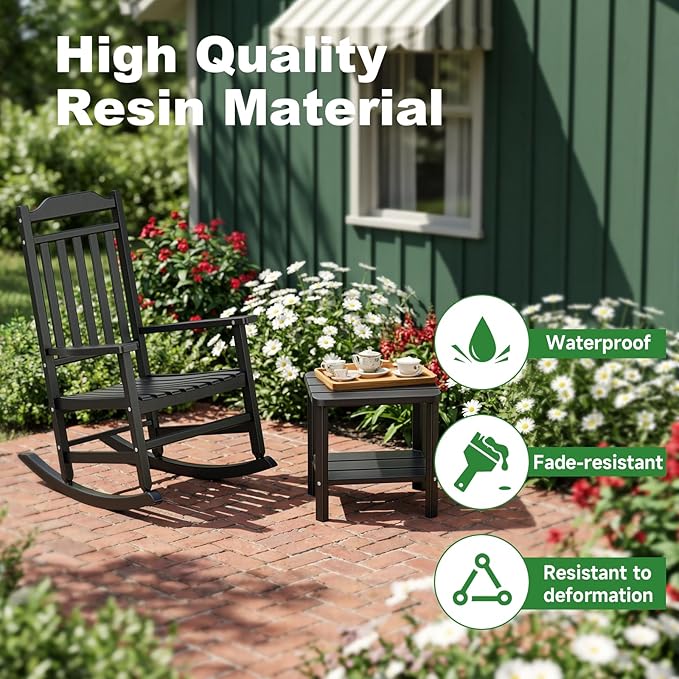 5 Piece Outdoor Rocking Bistro Set, Rocking Chairs Outdoor Furniture, Resin Waterproof Sun-Proof Patio Furniture Set for Garden, Pool, Backyard（5, Black） - Image 6