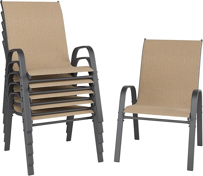 Patio Chairs Set of 6, Outdoor Dining Chairs Stackable for All Weather, Breathable Metal Modern Outside Furniture Chair for Pool Side, Garden, Backyard Deck, Brown by furniture