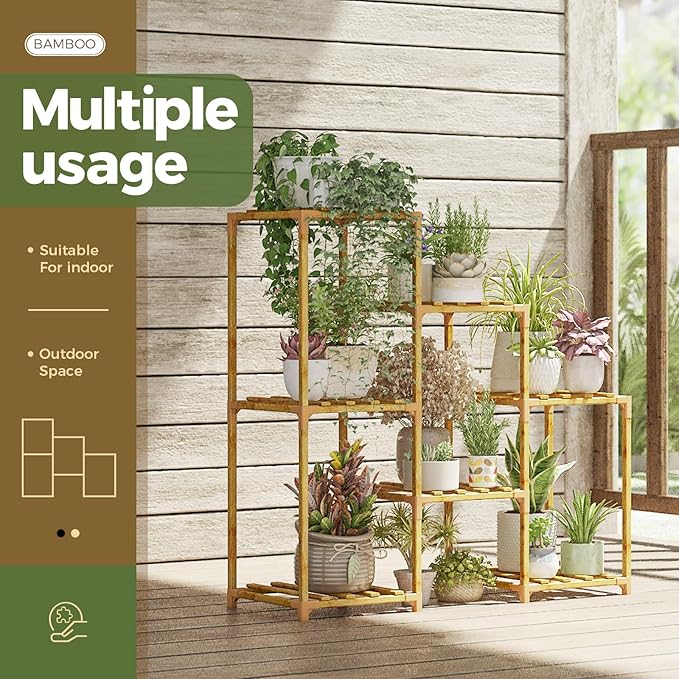 Bamworld Bamboo Plant Stand Indoor Boho Plant Shelf Tiered Plant Rack for Multiple Plants 3 Tiers 7 Pots Ladder Plant Holder Plant Table for Plant Pots Home Decor for Gardening Gifts Nature Color - Image 3