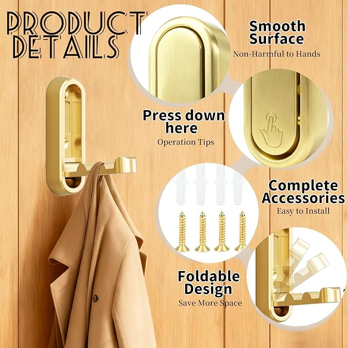 2PCS Folding Coat Hooks, Flip Down Heavy Duty Hooks Robe Hook Wall Mounted - Image 2