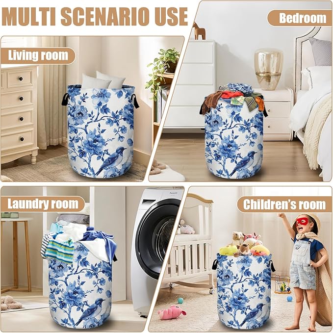 Blue Flower Bird Laundry Basket, Foldable Waterproof Laundry Hamper Tote Bag - Image 7