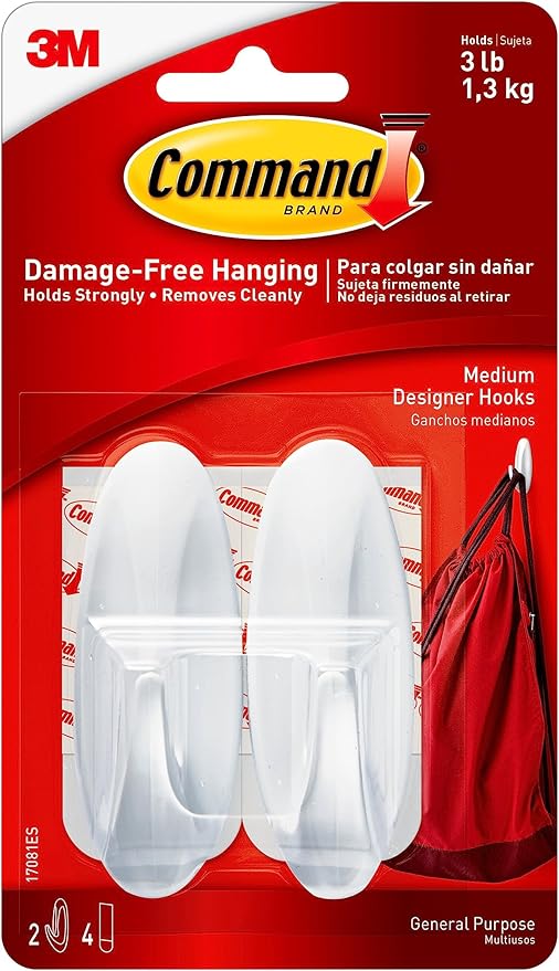 Command Medium Designer Hooks, 2 Hooks and 4 Command Strips, Damage-Free by 3MIndustrial