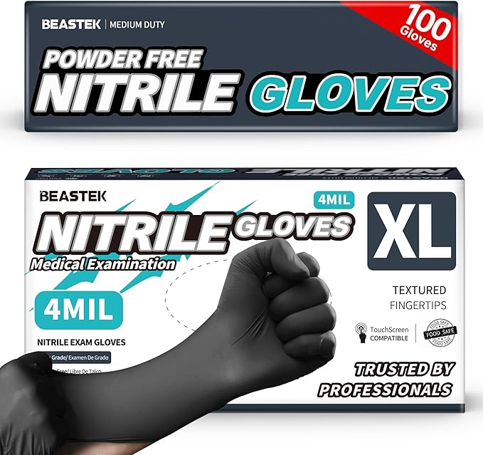 Beastek Black Disposable Nitrile Exam Gloves 100 Pcs 4Mil Chemical Resistant by Beastek