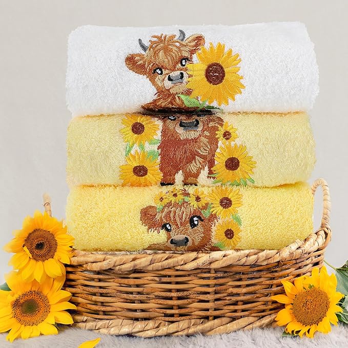 3 Pcs Sunflower Highland Cow Hand Towels Embroidered Highland Cow Farmhouse - Image 5
