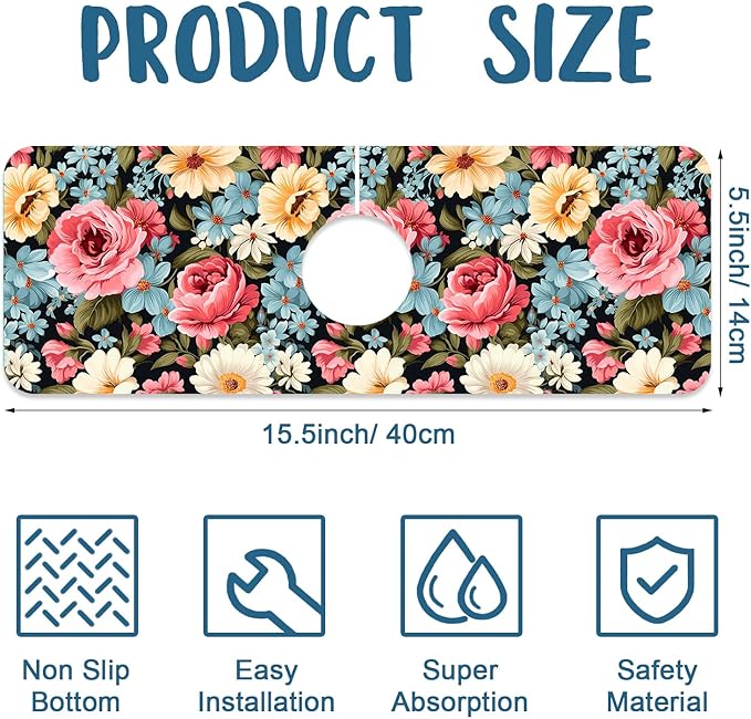 Colorful Flowers Sink Splash Guard Vintage Floral Faucet Absorbing Mat Fast - Image 2