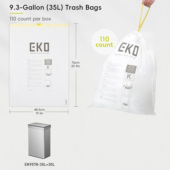 EKO 9.3 Gallon / 30–35 Liter Drawstring Trash Bags, Extra-Strong Leak-Resistant - Image 7